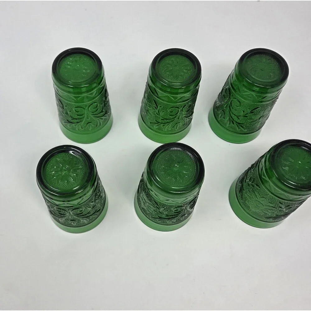 Anchor Hocking Sandwich Forest Green Juice Tumblers Set 6 Vintage Pressed Glass
